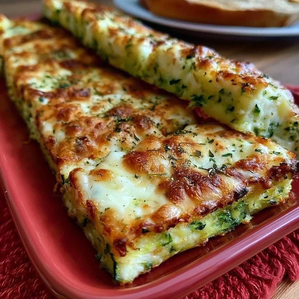 Käse-Zucchini-Brotsticks frisch aus dem Ofen auf einem Holzbrett.