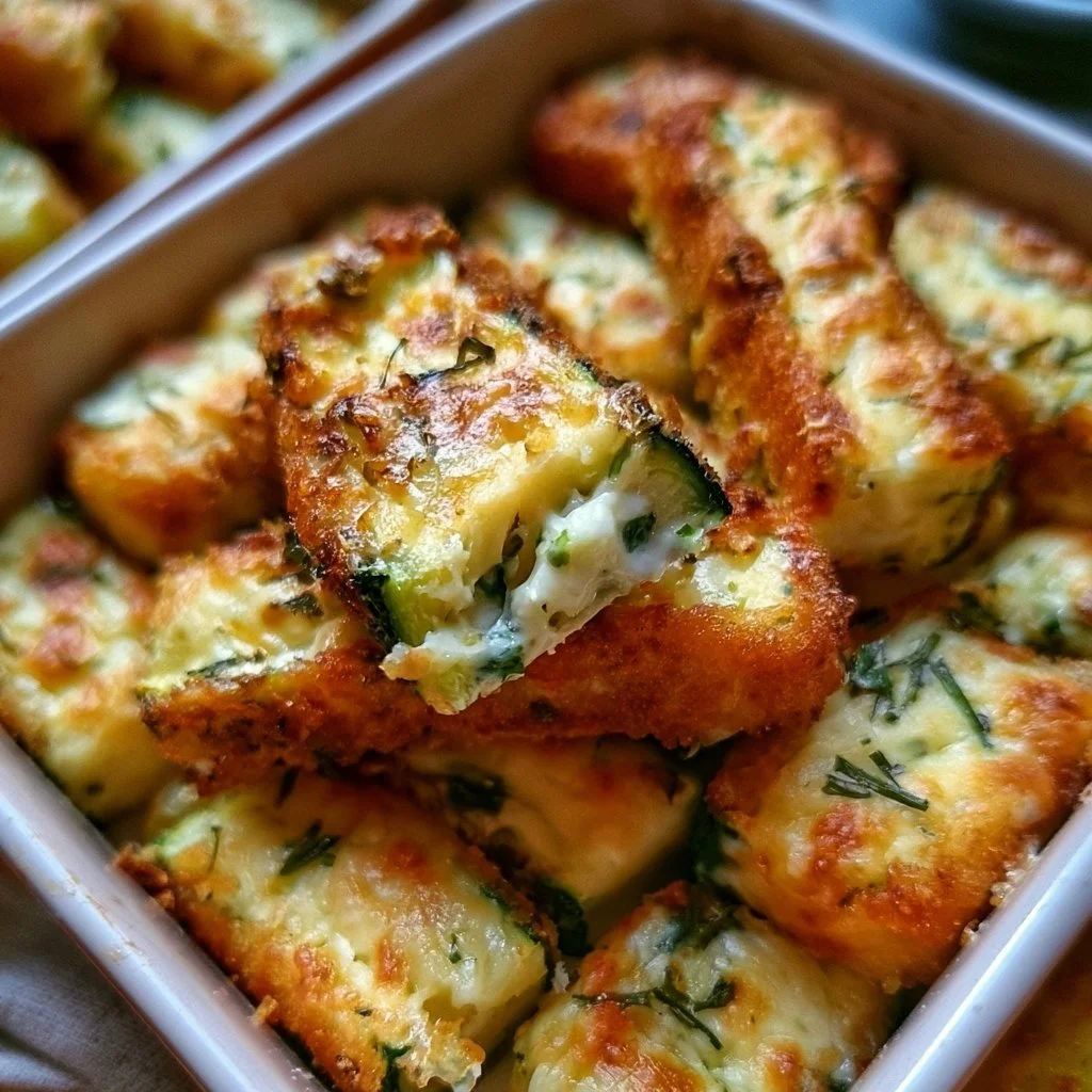 Käse-Zucchini-Stangen frisch aus dem Ofen, knusprig und lecker.