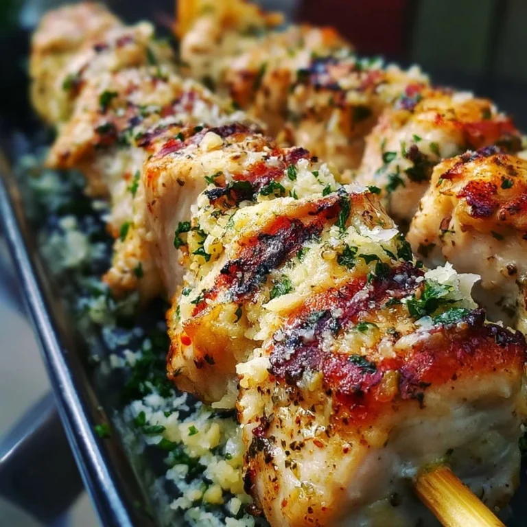 Knoblauch Parmesan Hähnchenspieße auf einem Grill, lecker und einladend.