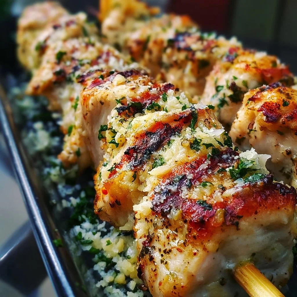 Knoblauch Parmesan Hähnchenspieße auf einem Grill, lecker und einladend.