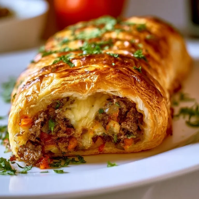Knusprige Hackfleisch Käse Rolle aus Blätterteig auf einem Teller