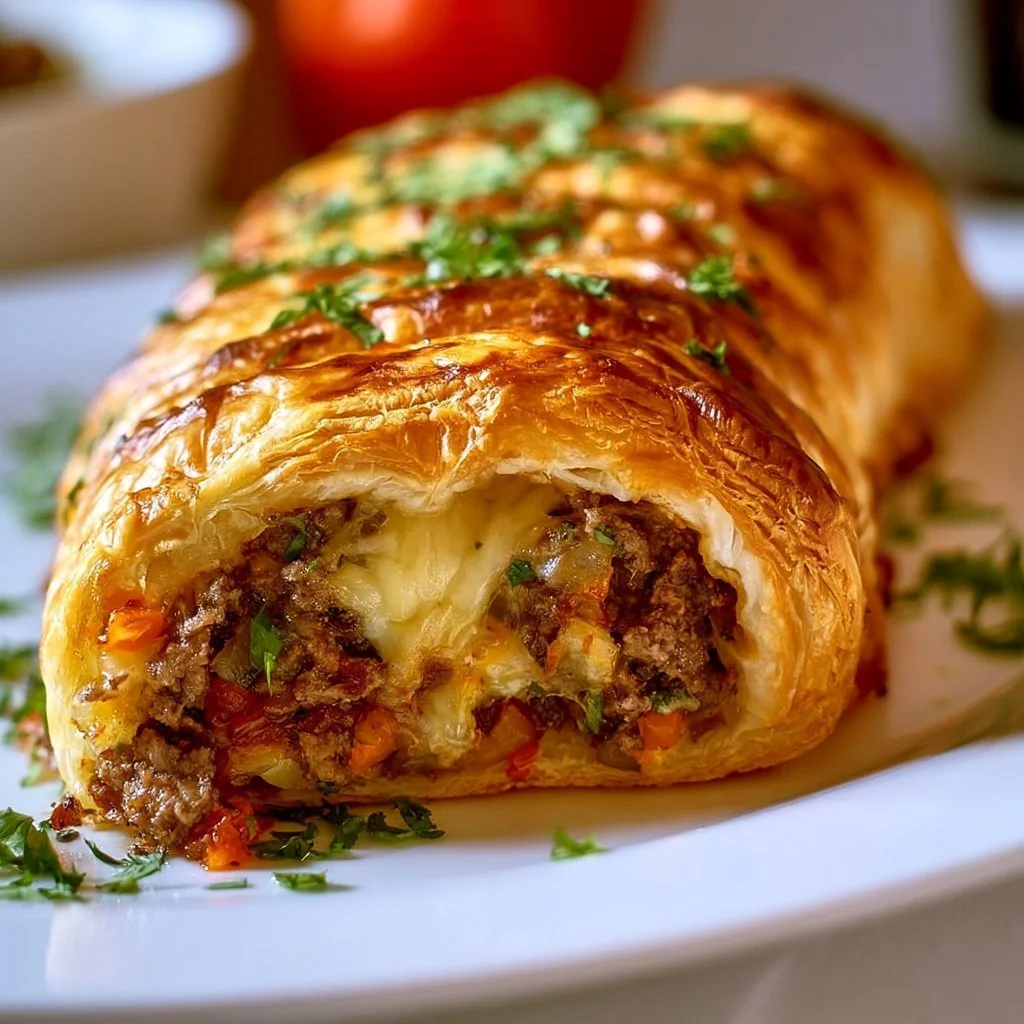 Knusprige Hackfleisch Käse Rolle aus Blätterteig auf einem Teller