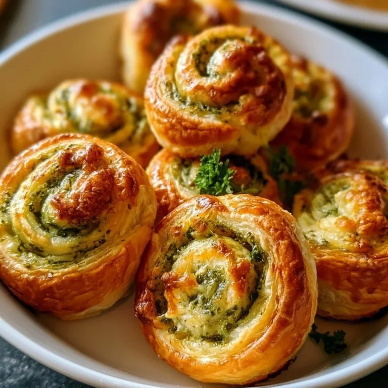 Knusprige Mini Blätterteig Schnecken mit Pesto und Käse auf einem Teller