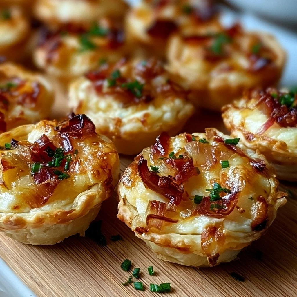 Knusprige Mini-Tarte-Flambée-Häppchen auf einem Teller serviert