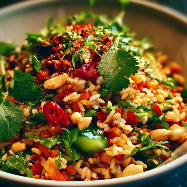 Knuspriger Erdnuss-Chili-Reissalat mit frischen Zutaten und würzigem Dressing