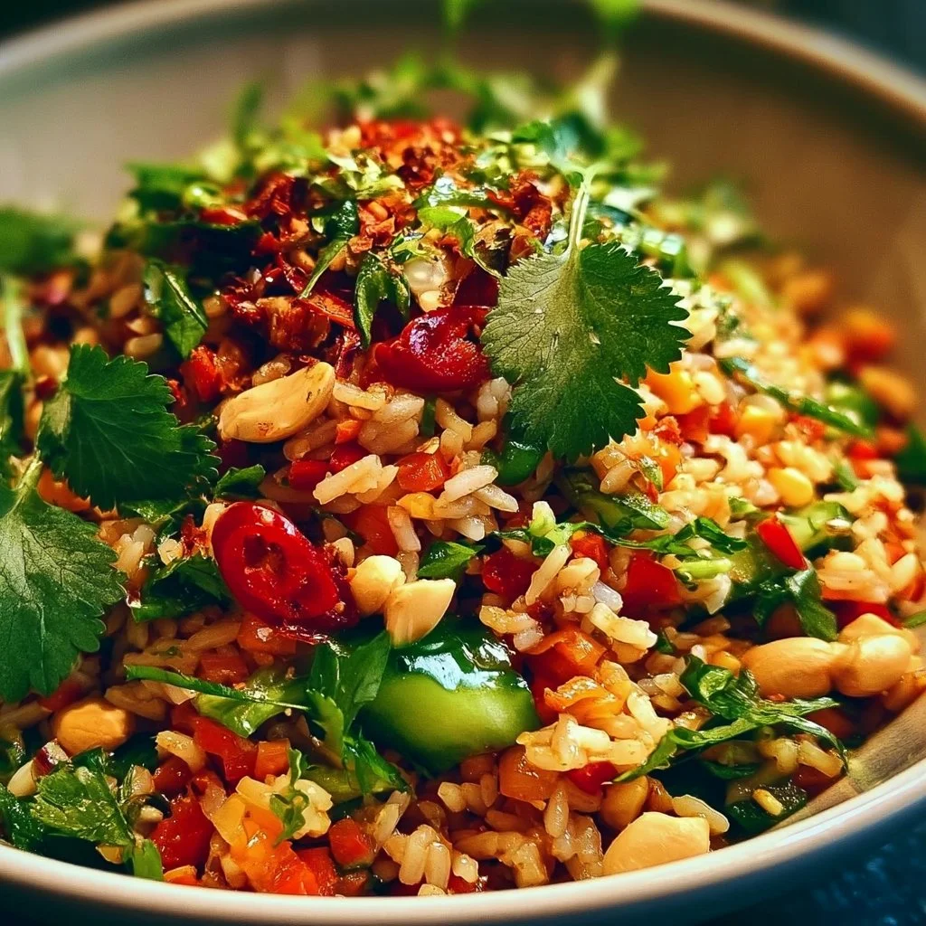 Knuspriger Erdnuss-Chili-Reissalat mit frischen Zutaten und würzigem Dressing