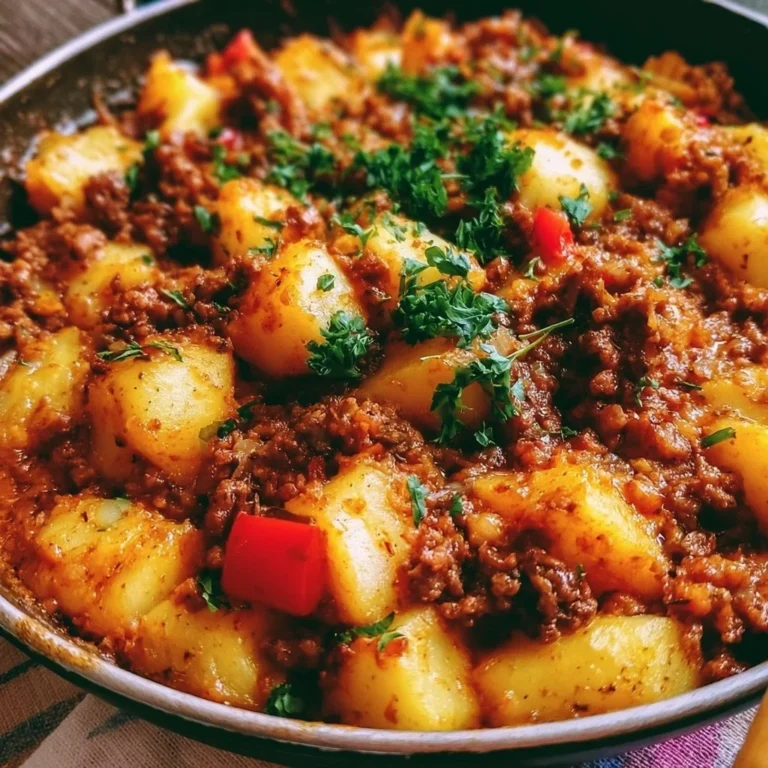 Leckere Kartoffelpfanne mit Hackfleisch, Paprika und Gewürzen in einer Pfanne zubereitet.