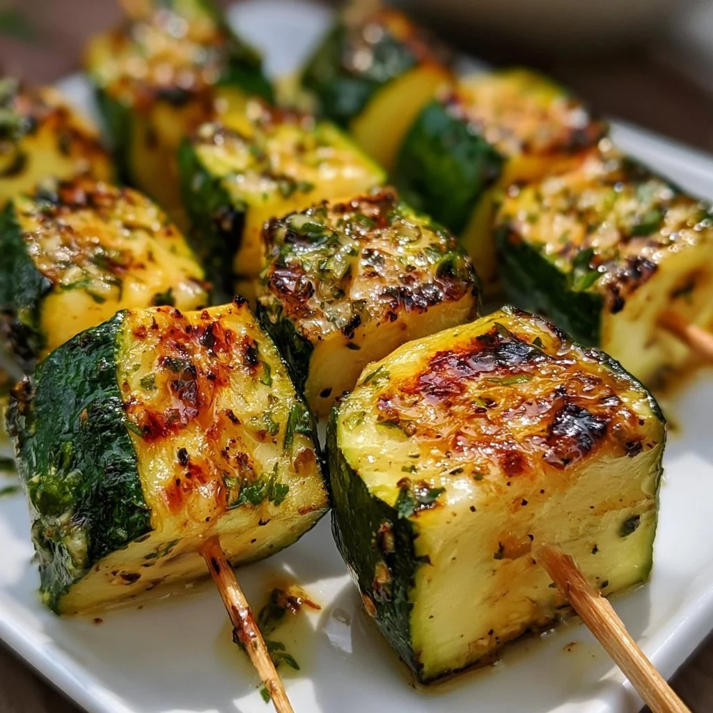 Leckere Zucchini-Spieße auf Grillplatte serviert
