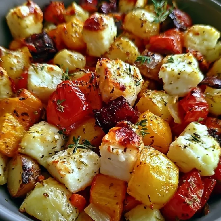 Leckeres Feta Kartoffeln Ofengemüse auf einem Blech, frisch aus dem Ofen