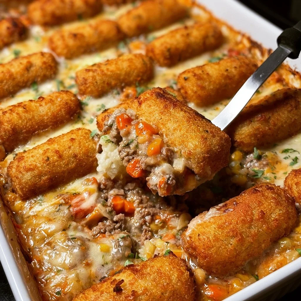Leckere Kroketten-Hack-Auflauf mit frischen Zutaten in einer Auflaufform