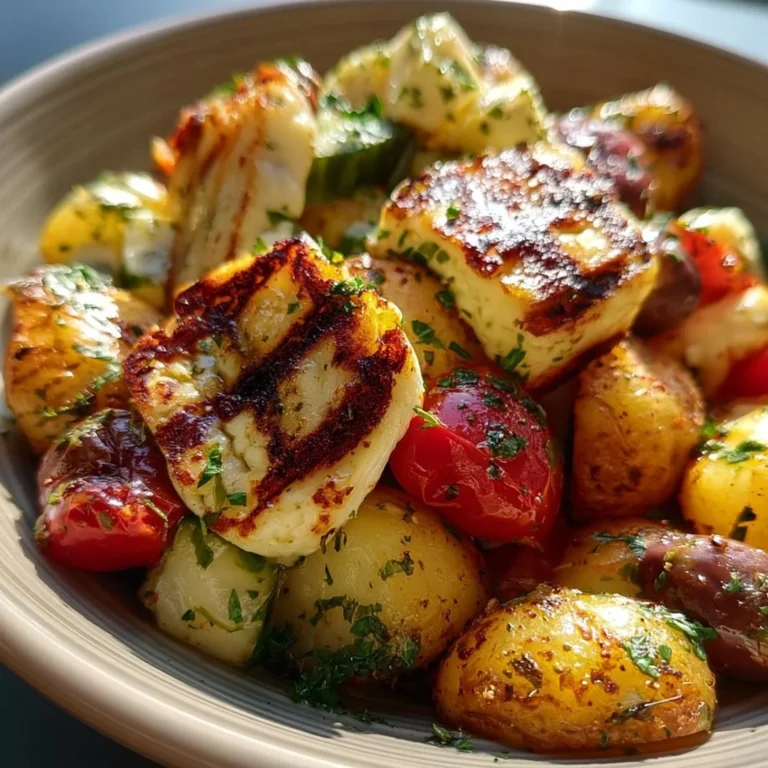 Griechische Kartoffel-Bowl mit Halloumi, Kartoffeln und frischem Gemüse