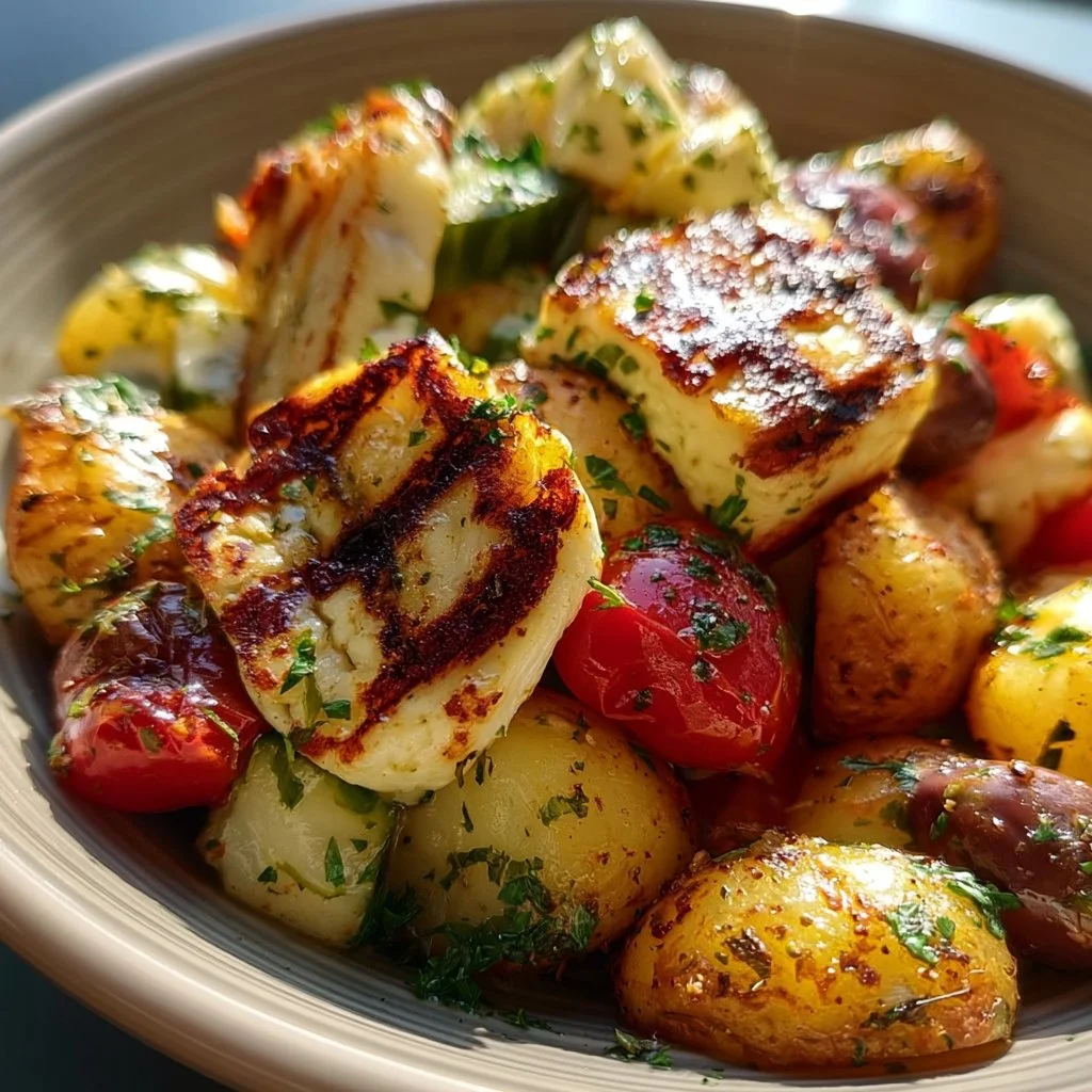 Griechische Kartoffel-Bowl mit Halloumi, Kartoffeln und frischem Gemüse