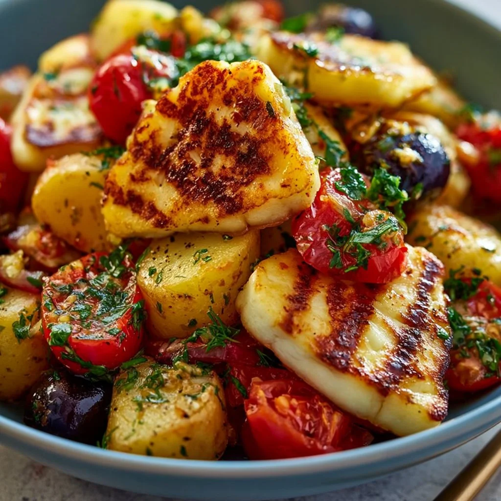 Leichte Griechische Kartoffel-Bowl mit gegrilltem Halloumi