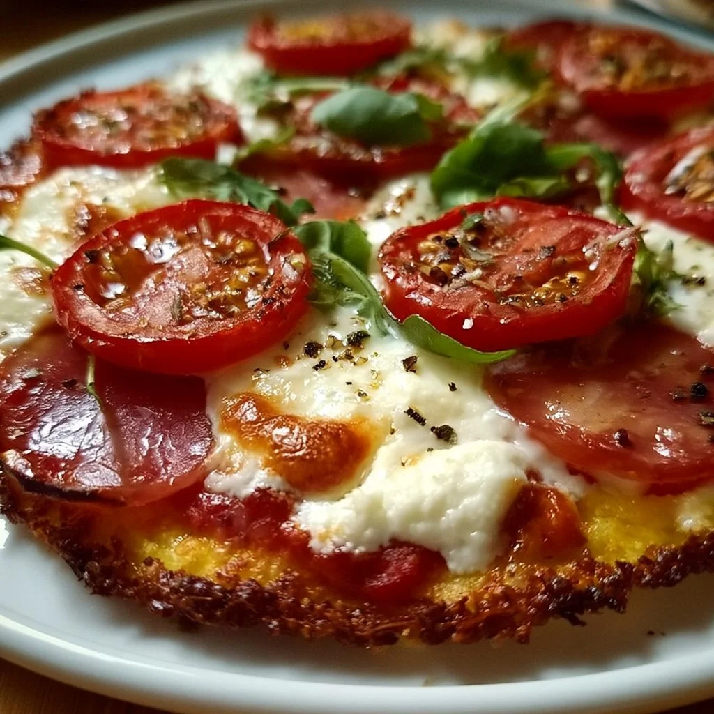 Low Carb Pizza mit körnigem Frischkäse auf einem Teller serviert