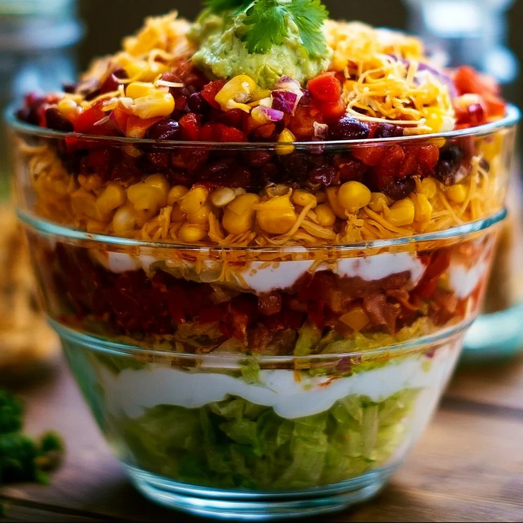 Mexican Layered Salad in einer bunten Schichtanordnung serviert