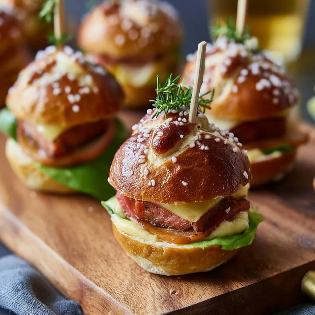 Mini-Laugen-Burger mit Leberkäse