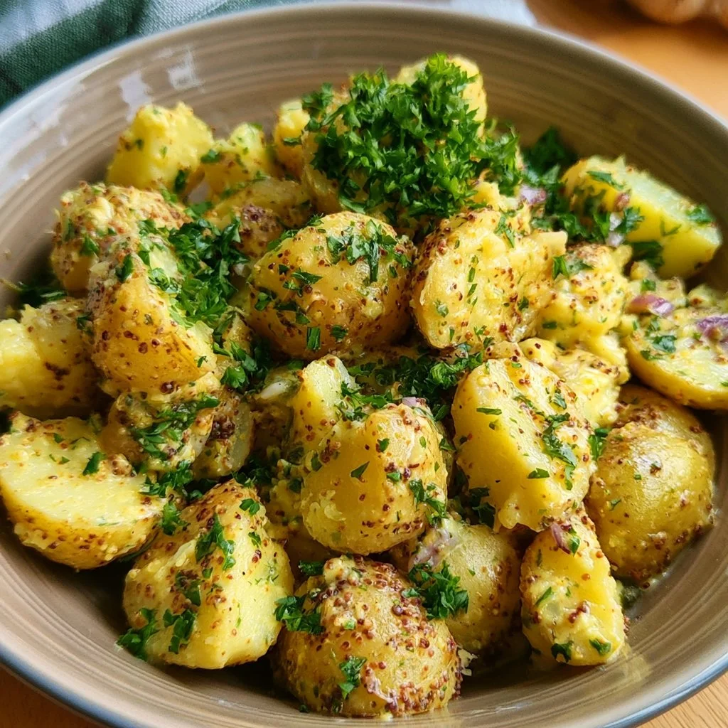 Ofenkartoffelsalat mit Senfdressing auf einem bunten Teller serviert