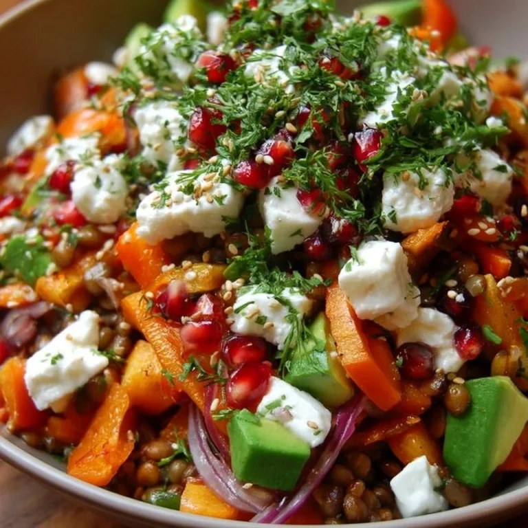 Orientalischer Linsensalat mit Feta, Avocado und Paprika serviert in einer Schüssel.
