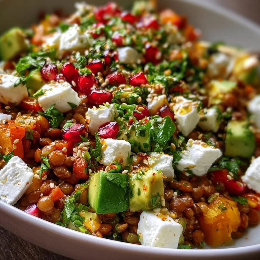 Orientalischer Linsensalat mit Feta, Avocado und Paprika