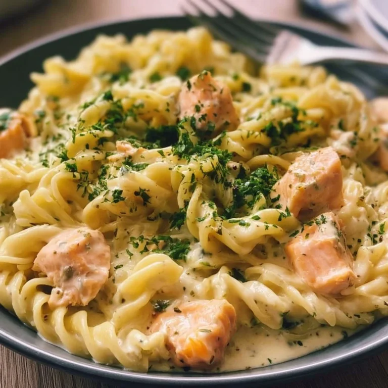 Leckere Pasta mit Lachs in cremiger Sauce serviert auf einem Teller.