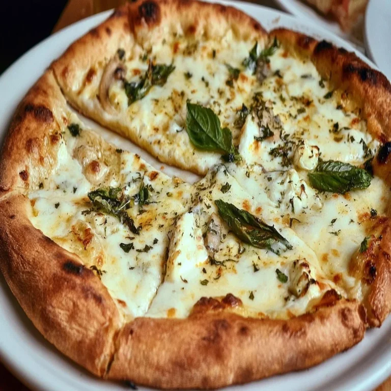 Leckere Pizza Bianca mit Ricotta und frischen Kräutern auf einem rustikalen Teig.