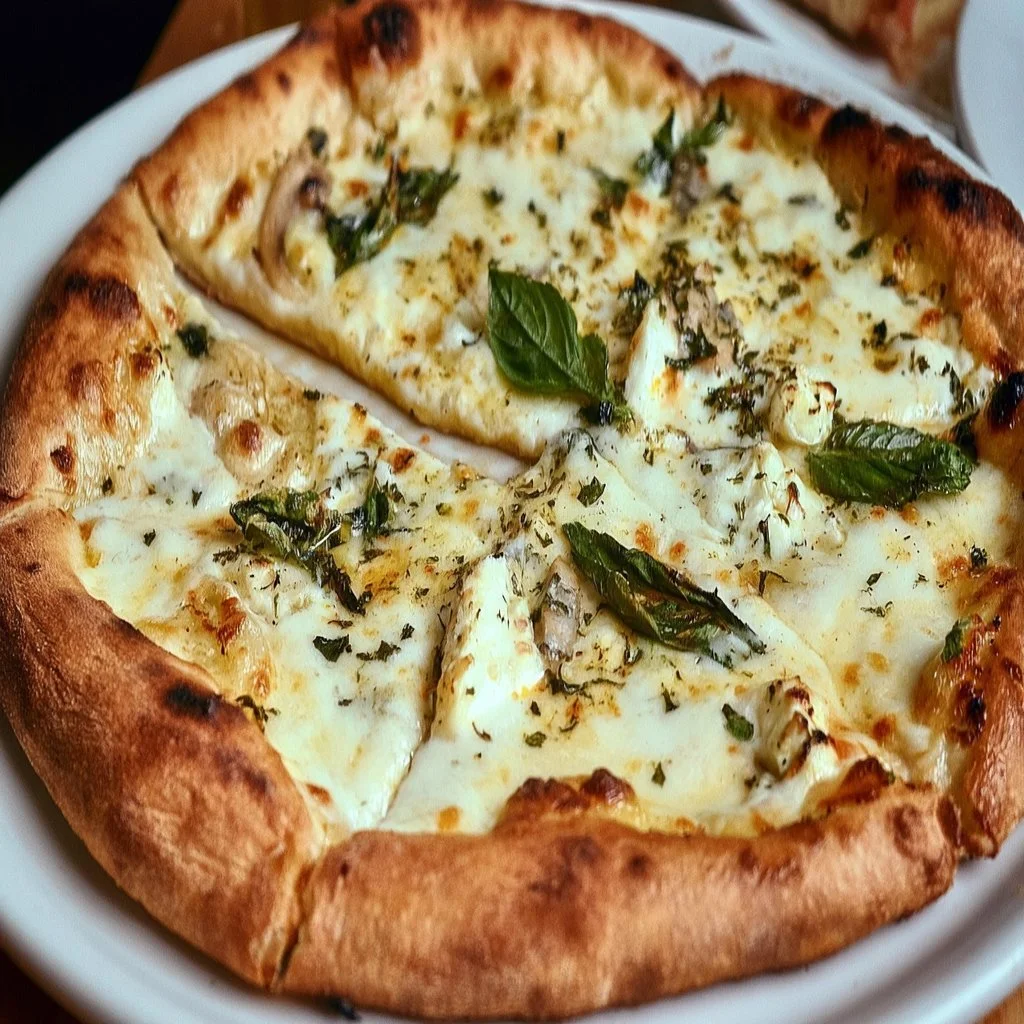 Leckere Pizza Bianca mit Ricotta und frischen Kräutern auf einem rustikalen Teig.