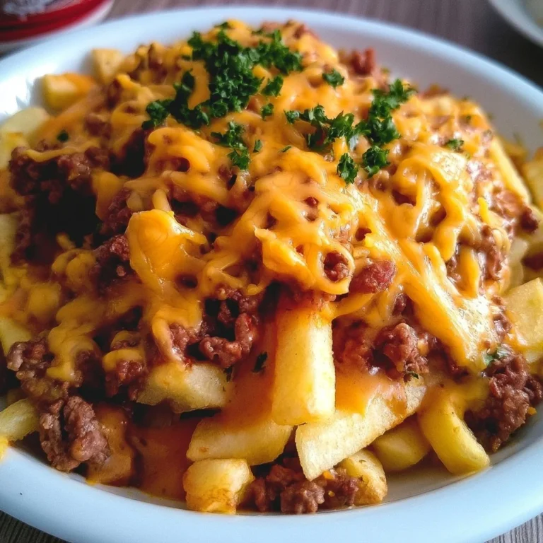 Pommes Frites mit Hackfleisch und geschmolzenem Cheddar auf einem Teller