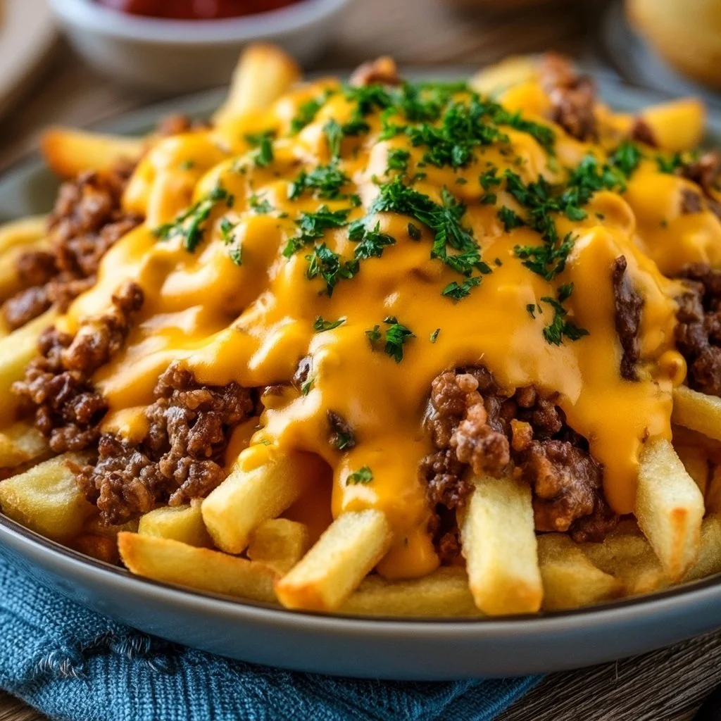 Pommes Frites mit Hackfleisch und Cheddar
