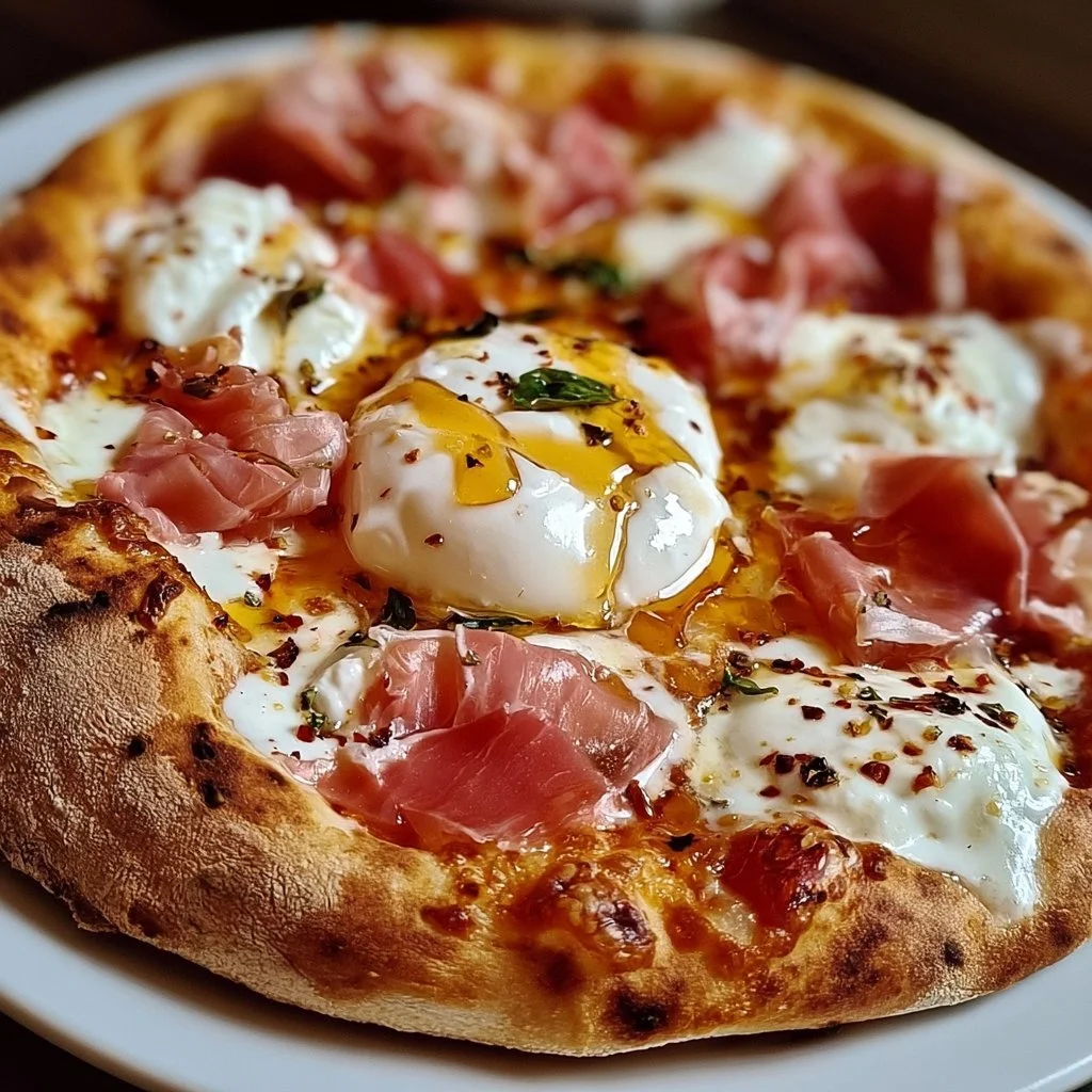 Prosciutto und Honig Burrata Pizza mit frischen Zutaten und köstlichem Belag.