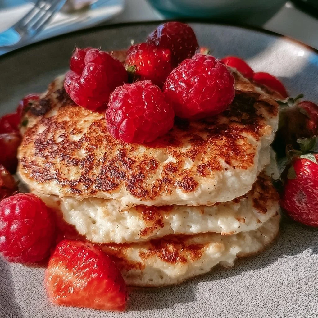 Proteinreiche Quark-Pfannkuchen auf einem Teller serviert