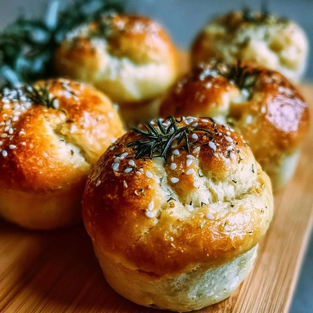 Rosmarin-Knoblauch-Focaccia-Muffins frisch gebacken auf einem Holzteller