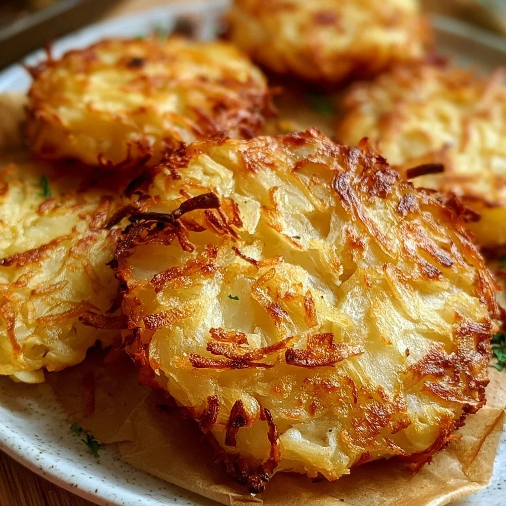 Rösti aus dem Backofen, knusprig und goldbraun, serviert auf einem Teller.