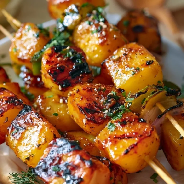 Saftige gegrillte Honig-Senf Kartoffelspieße auf einem Grill