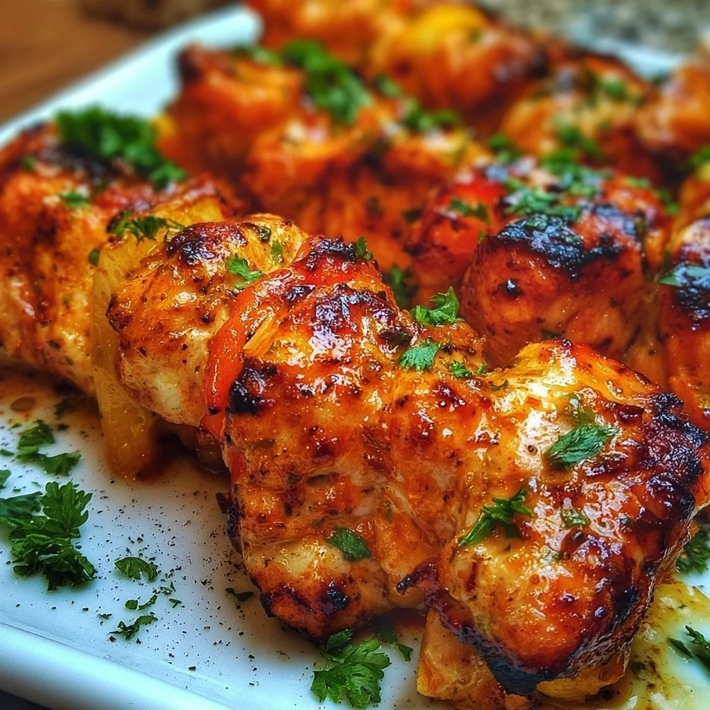 Saftige Hähnchenspieße mariniert mit Kräutern und Gewürzen auf dem Grill.