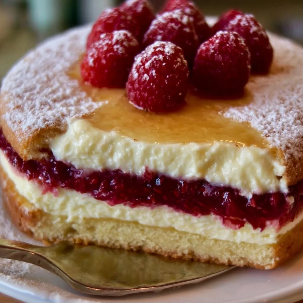 Schneller Himbeer Schmand Kuchen mit frischen Himbeeren und Schmand