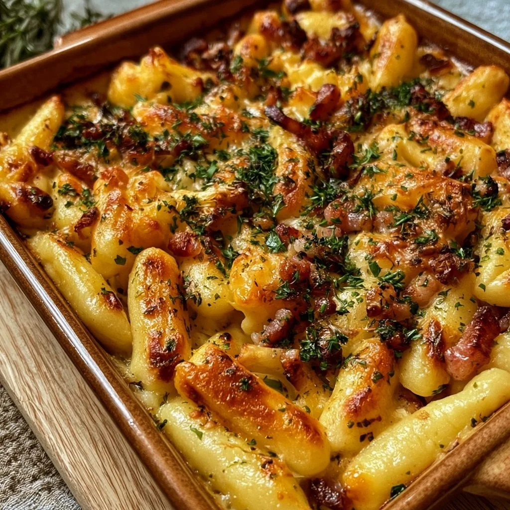 Leckere Schupfnudeln aus dem Ofen, goldbraun und knusprig serviert.