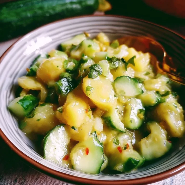 Kartoffel-Gurken-Salat in einer bunten Schüssel serviert