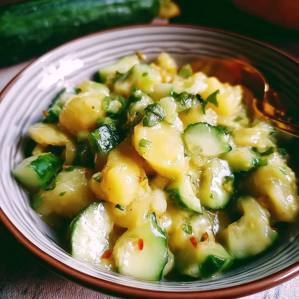 Kartoffel-Gurken-Salat in einer bunten Schüssel serviert