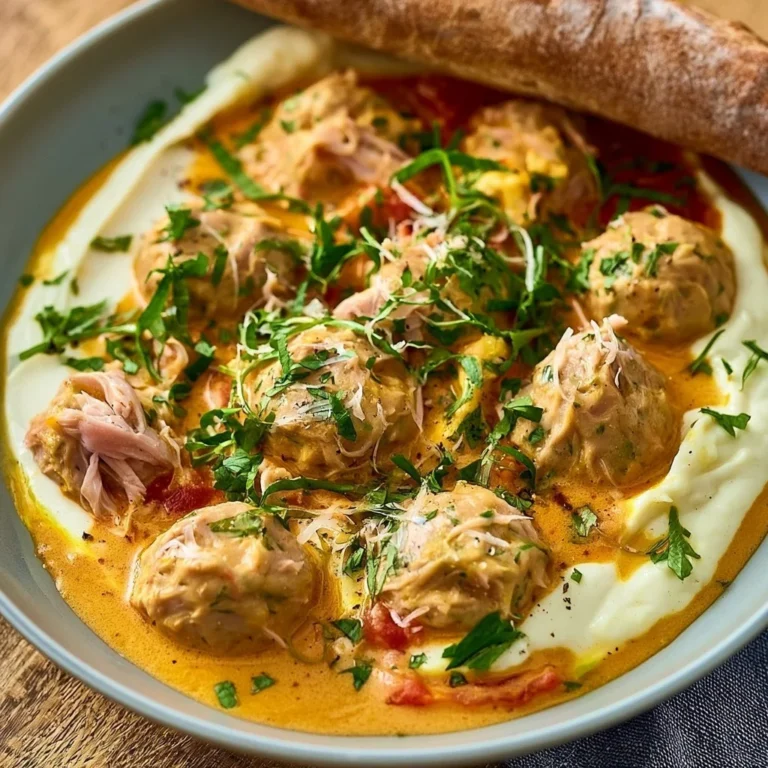 Leckere Thunfischbällchen in Kokosmilch-Gemüsecurry serviert in einer Schale