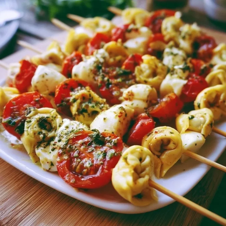 Tortellini-Spieße mit frischen Tomaten und Mozzarella auf einem Teller