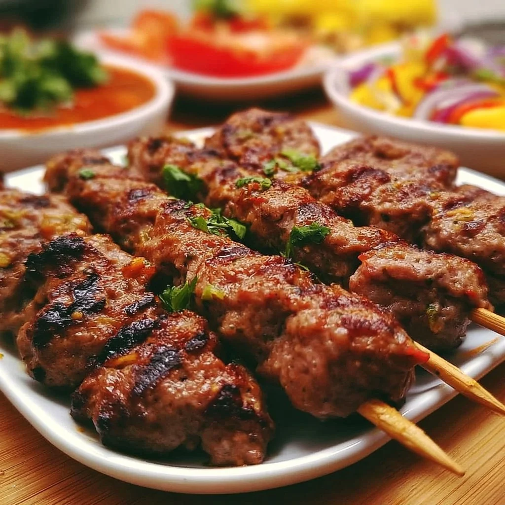 Leckere türkische Hackfleisch-Spieße auf einem Grill.