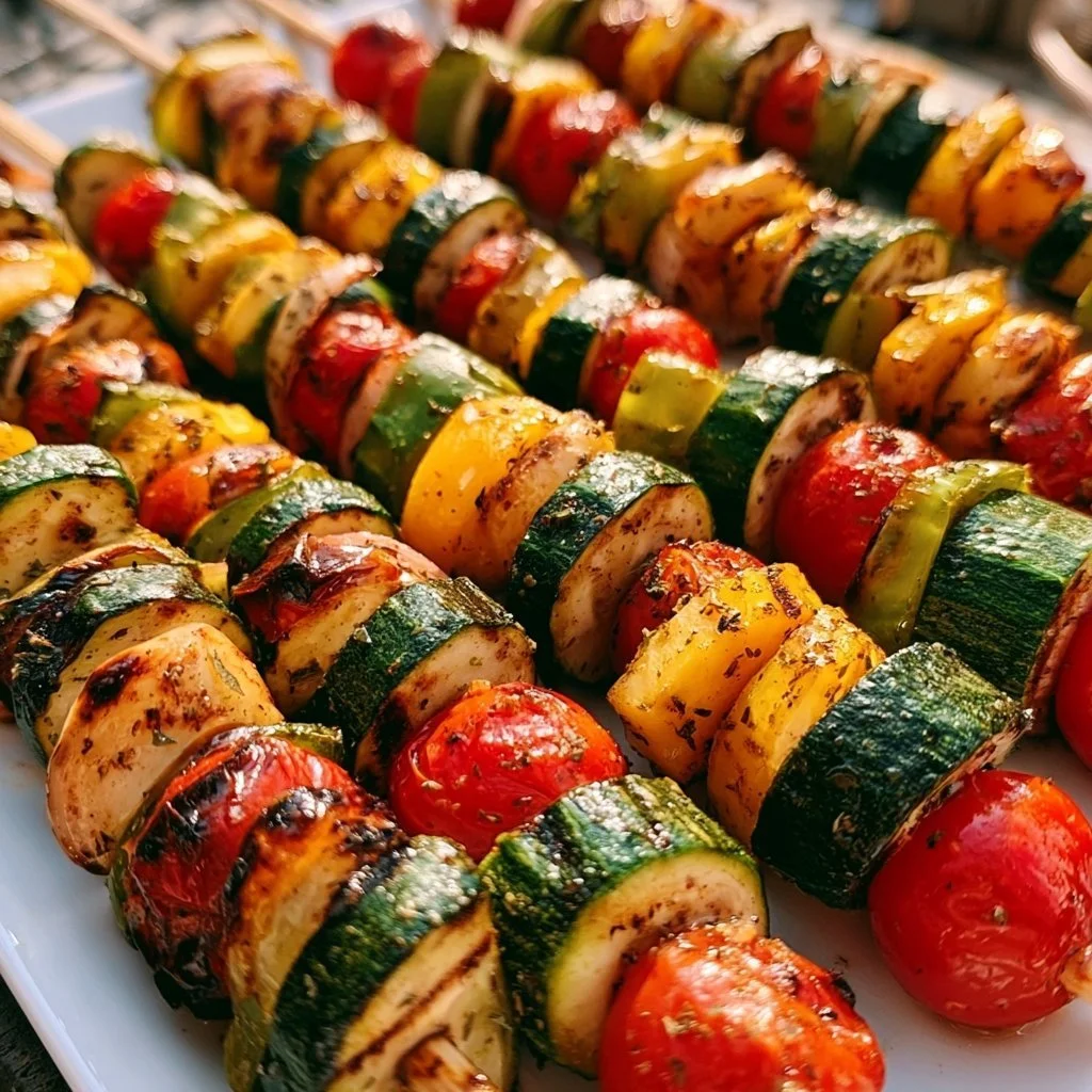 Bunte vegetarische Grillspieße auf dem Grill, perfekt für eine gesunde Sommerparty.