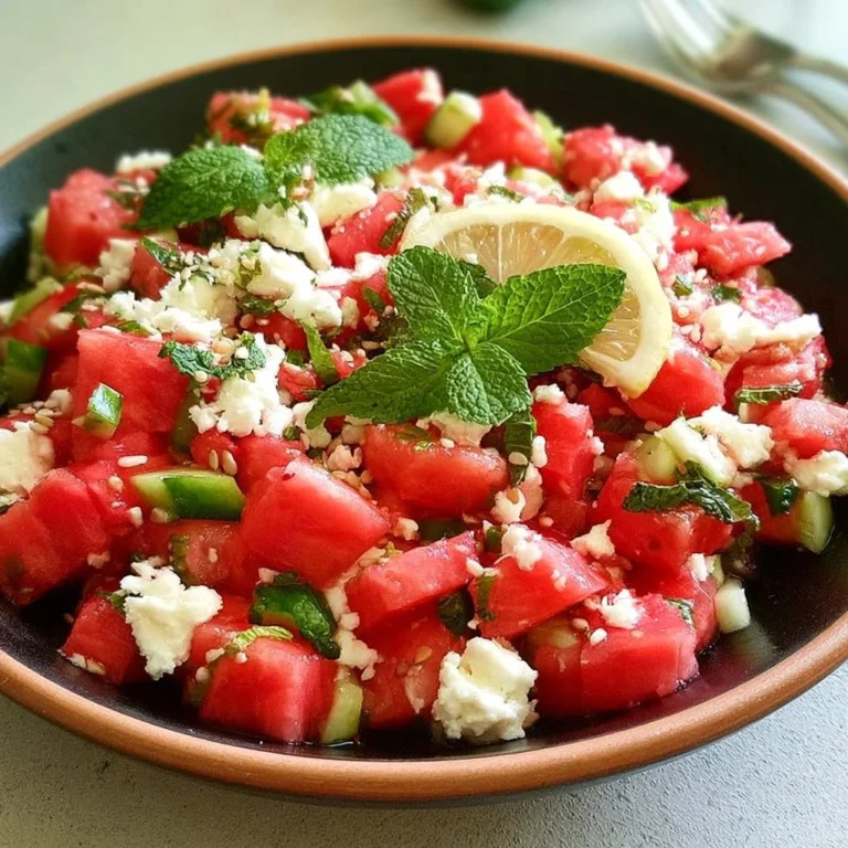 Erfrischender Wassermelonen-Feta-Salat mit Minze in einer Schüssel
