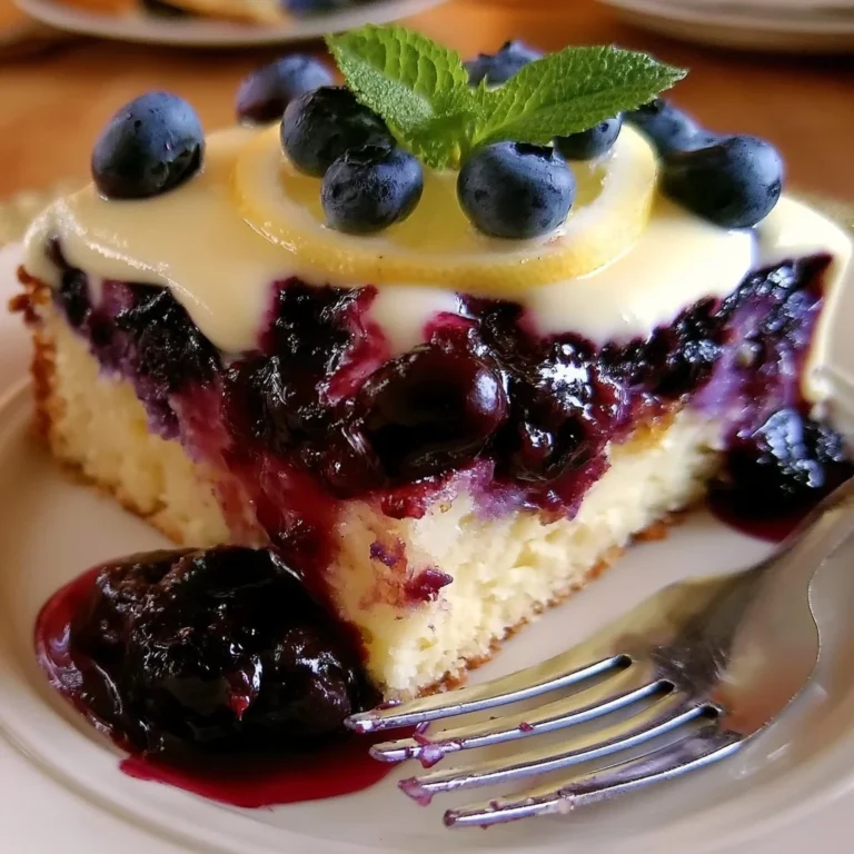 Zitronen-Blaubeer-Kuchen mit Cheesecake-Topping auf einem Teller