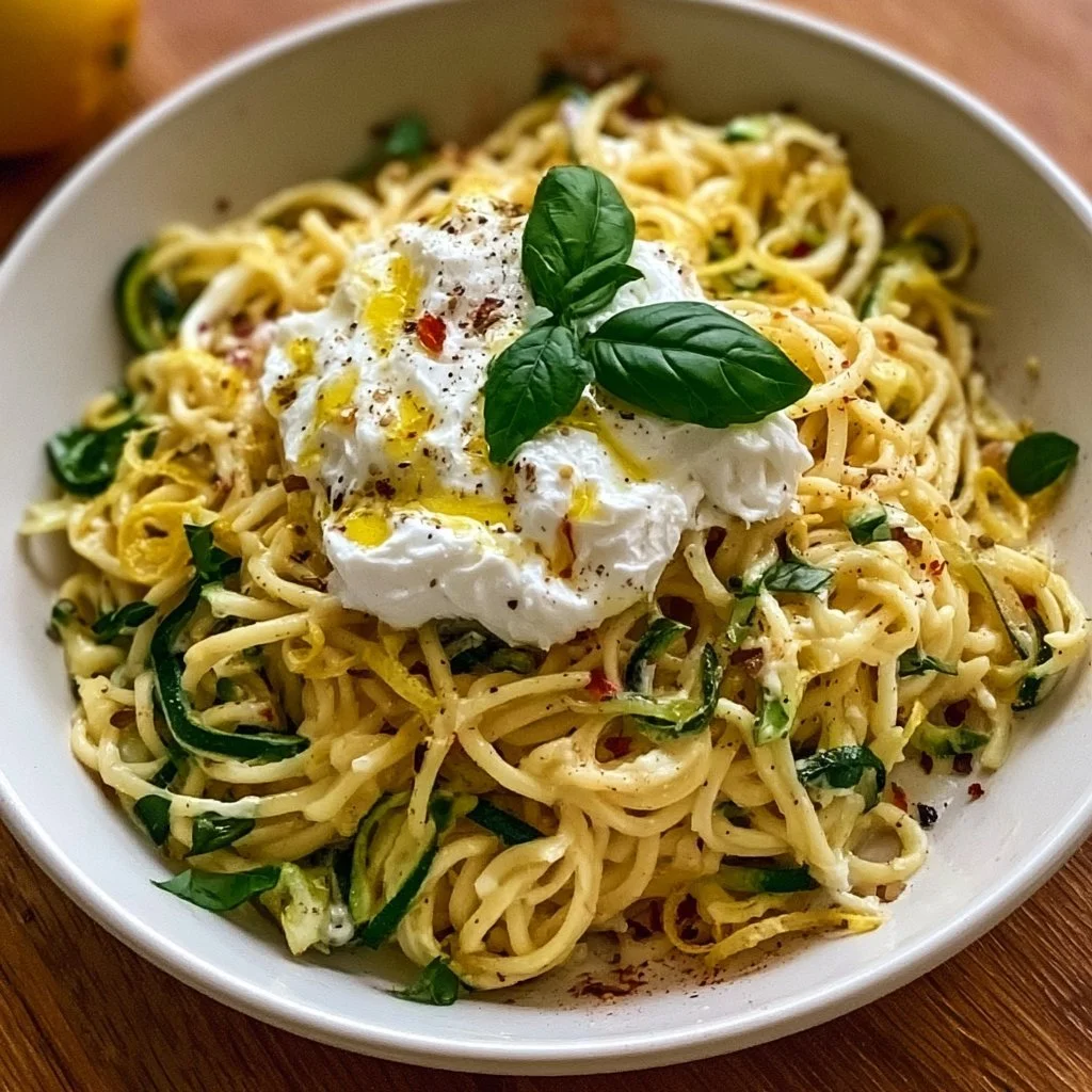 Zitronen Zucchini Pasta mit cremiger Burrata im Teller angerichtet