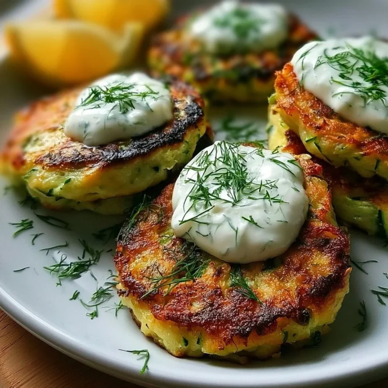 Zucchini-Krapfen serviert mit Knoblauch-Dill-Joghurt-Sauce auf einem Teller