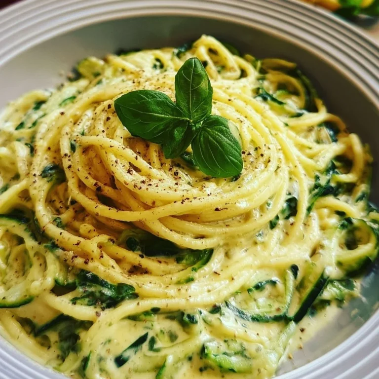 Zucchini-Spaghetti in cremiger Sauce auf einem Teller serviert