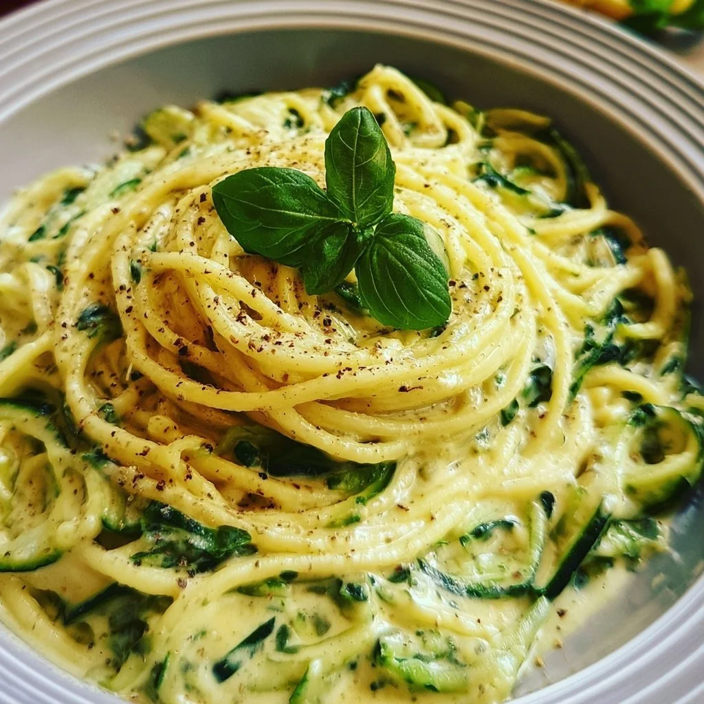 Zucchini-Spaghetti in cremiger Sauce auf einem Teller serviert