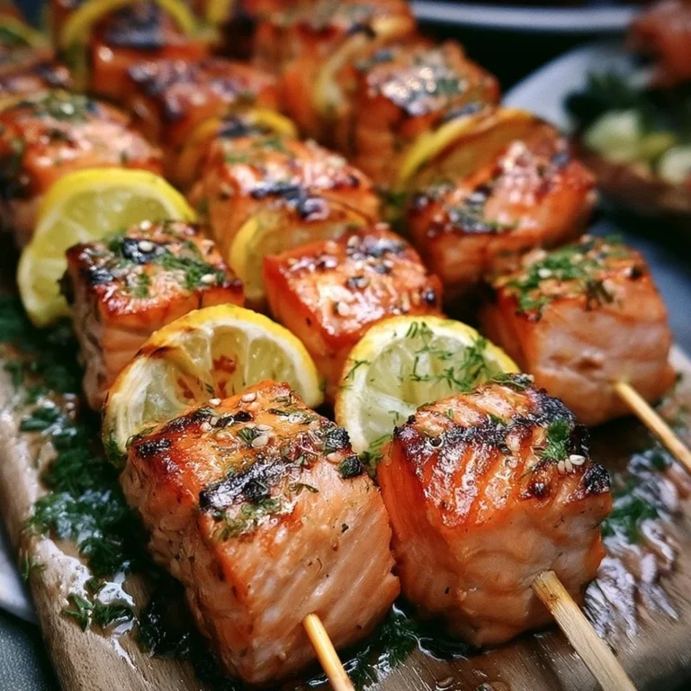 Aromatische Lachsspieße mit Zitrone auf einem Grill serviert