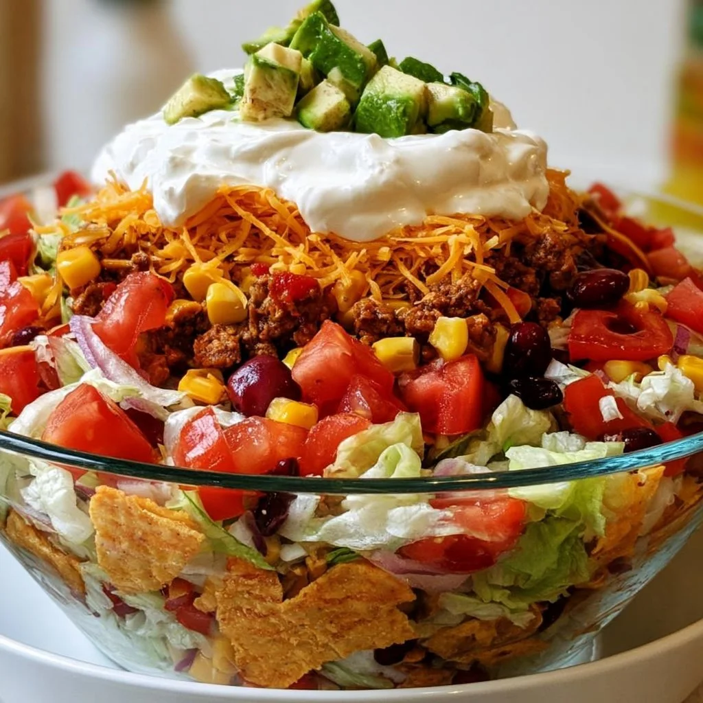 Leckere Taco-Salat mit Sauerrahm und Hackfleisch auf einem Teller